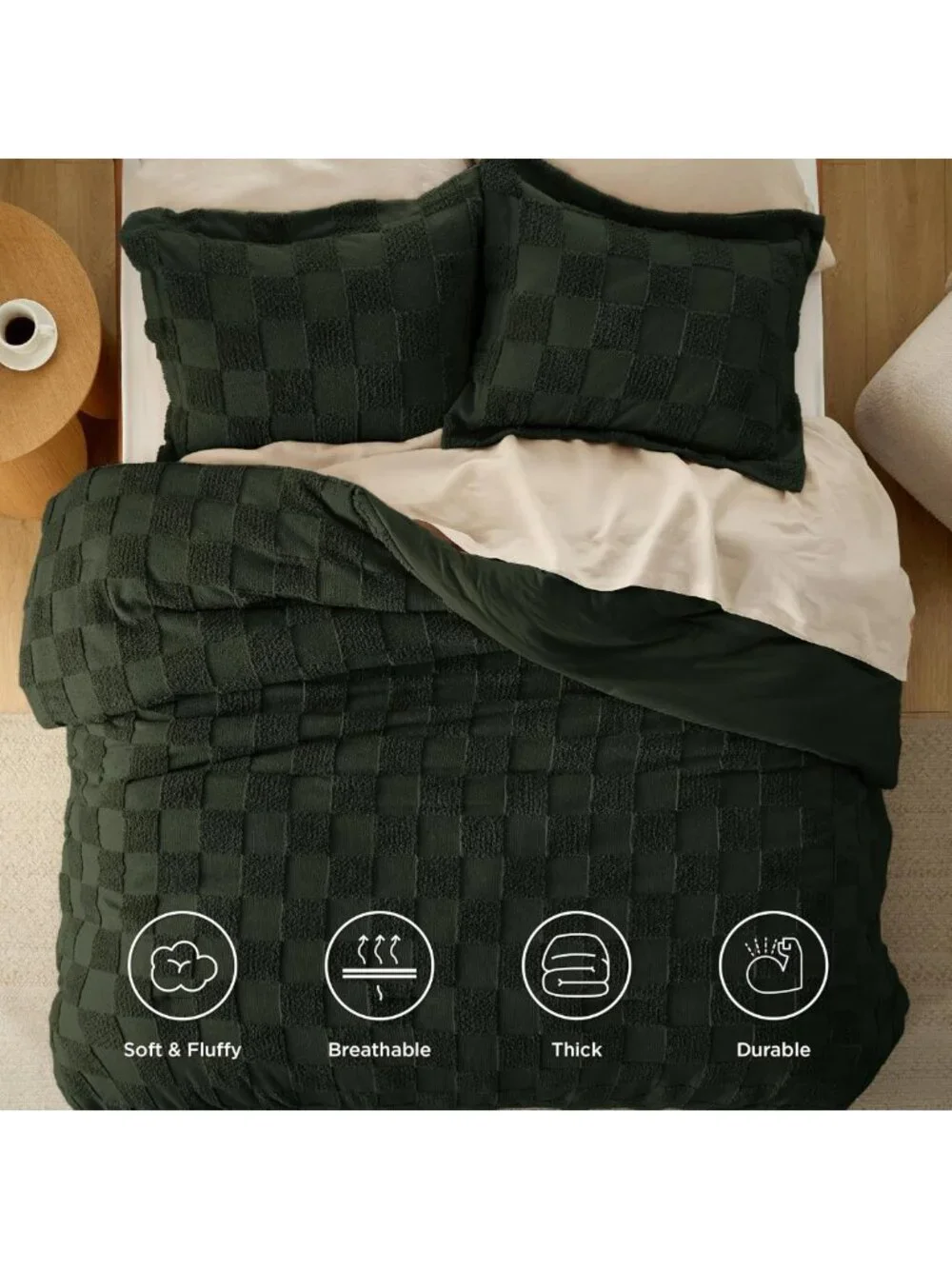 Cozy Dark Olive Green Queen Comforter Set, Boho Plaid 3-Piece Bedding Ensemble